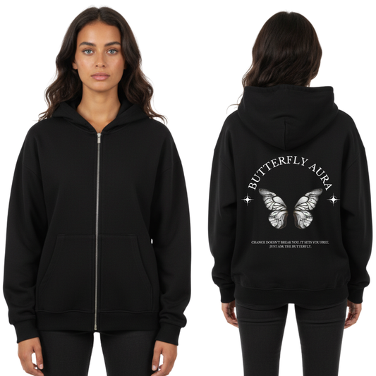 BUTTERFLY AURA  W&B - Oversized Zipper Hoodie